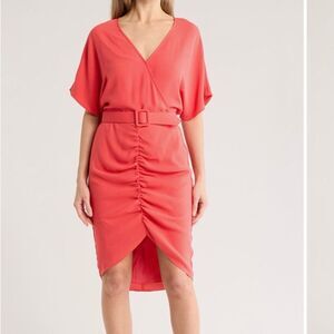 NWT Trina Turk, Zest Shirt Sleeve Belted Faux Wrap Dress in coral color Size 8